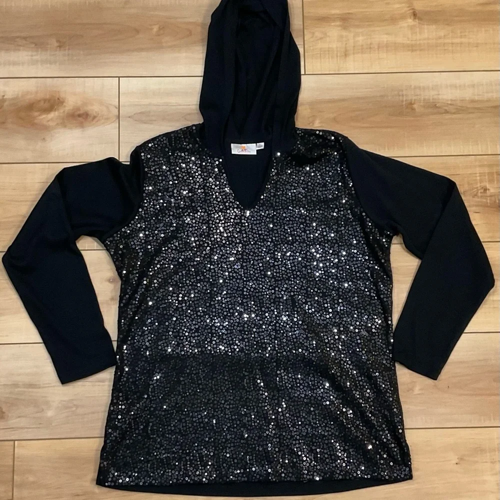 Quacker Factory Black Sequin Hoodie Size Large - Picture 7 of 9